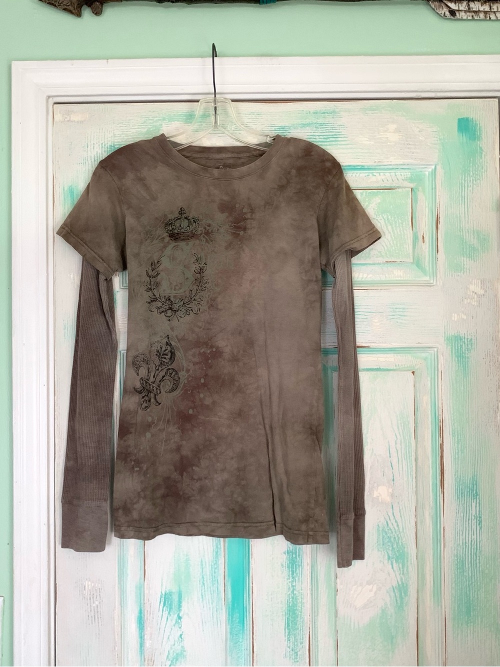 Sinful Y2K Style Taupe/Green Thermal Pieced  Long Sleeve Size Medium